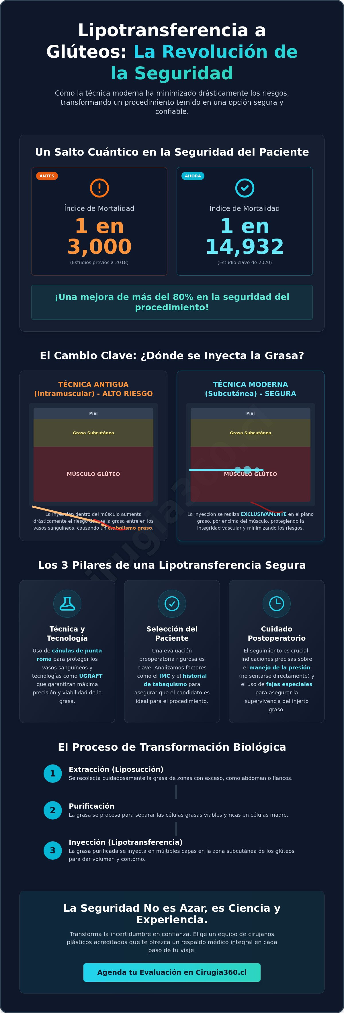 Infografia de Riesgos de la lipotransferencia a glúteos: Guía médica sobre seguridad y prevención