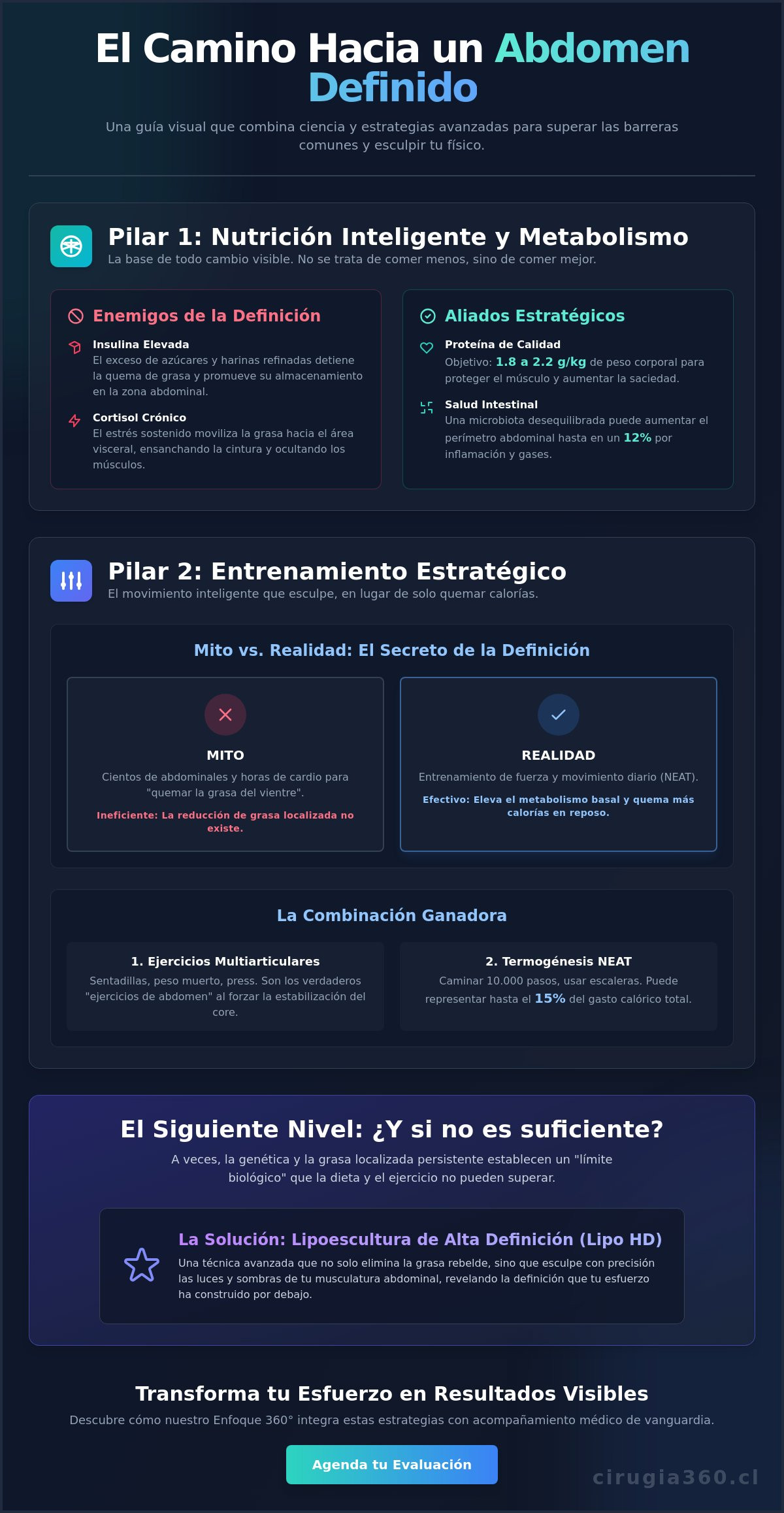 Infografia de Cómo tener un abdomen plano y marcado: Guía Médica y Estética 2026