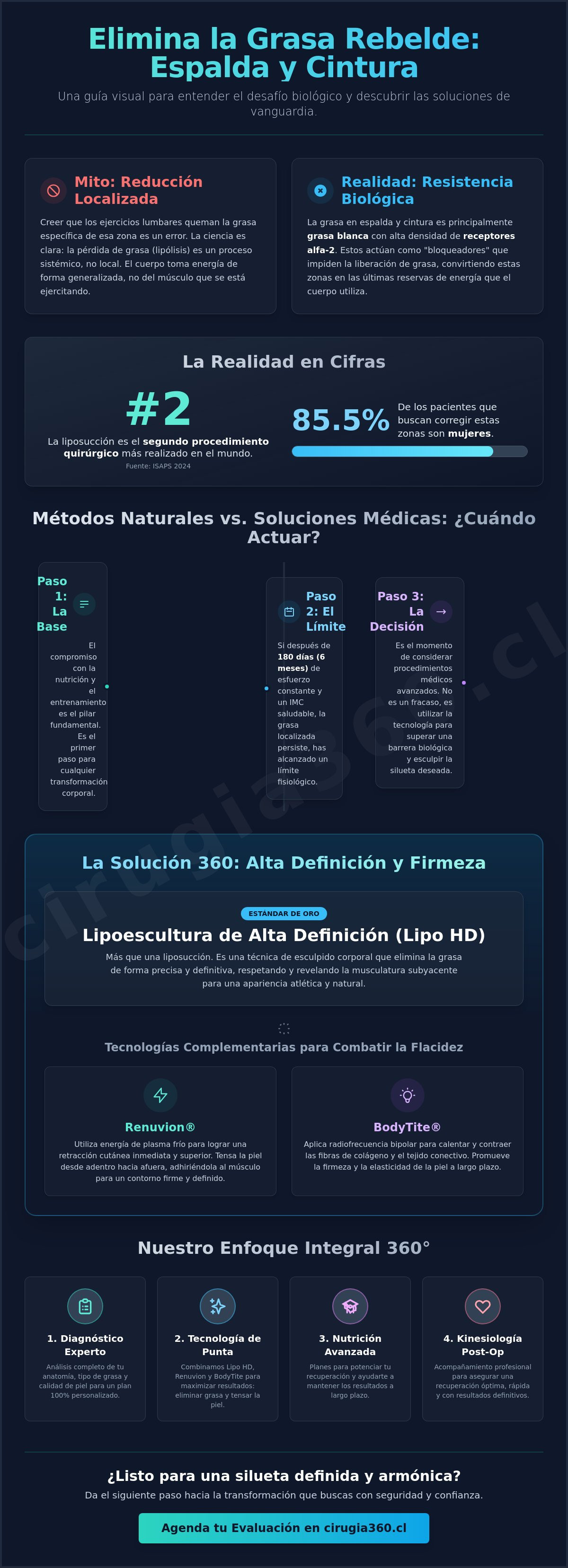 Infografia de Cómo eliminar grasa de la espalda y cintura: Guía médica integral 2026