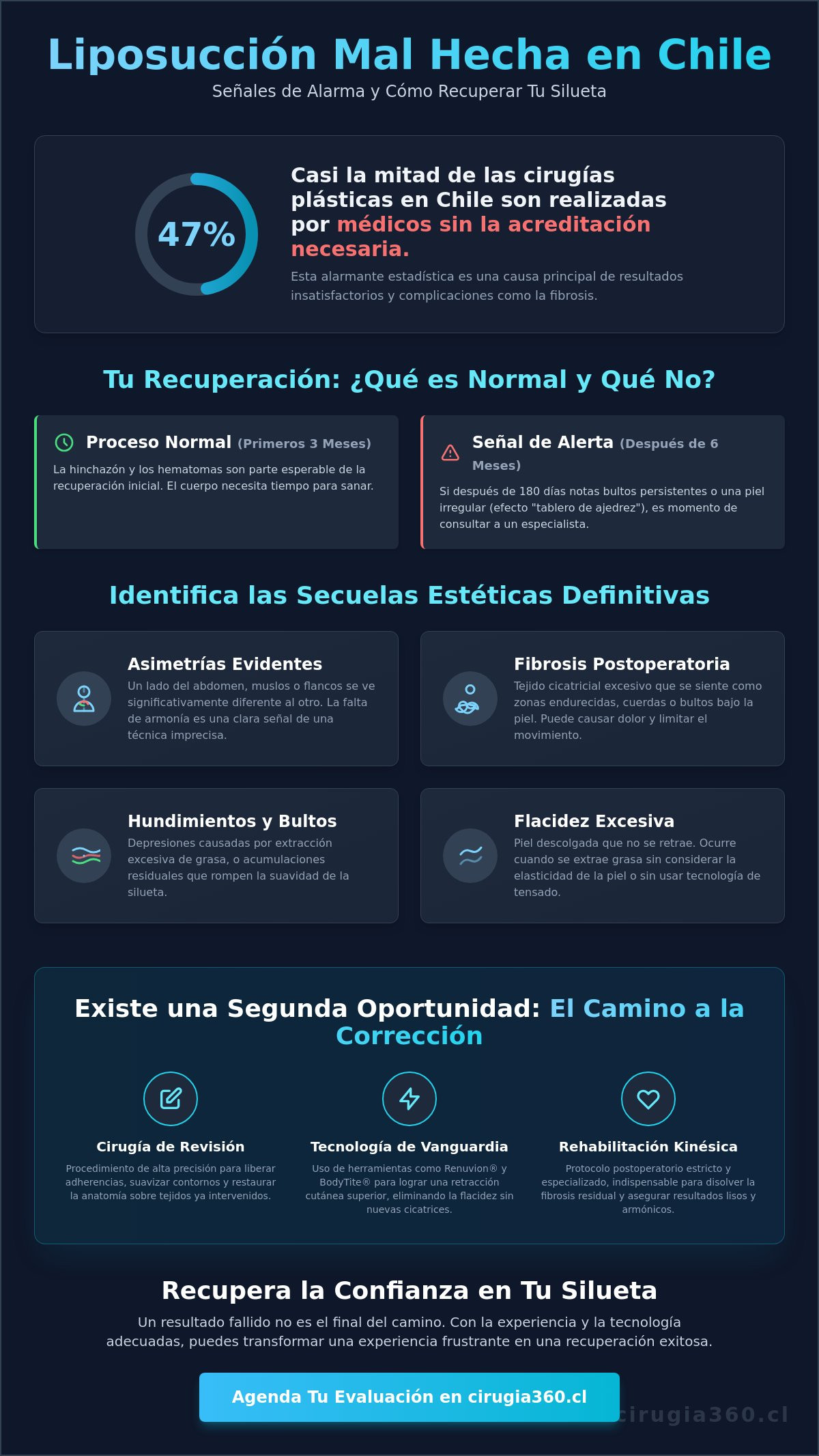 Infografia de Cómo arreglar una liposucción mal hecha en Chile: Guía de revisión y corrección 2026