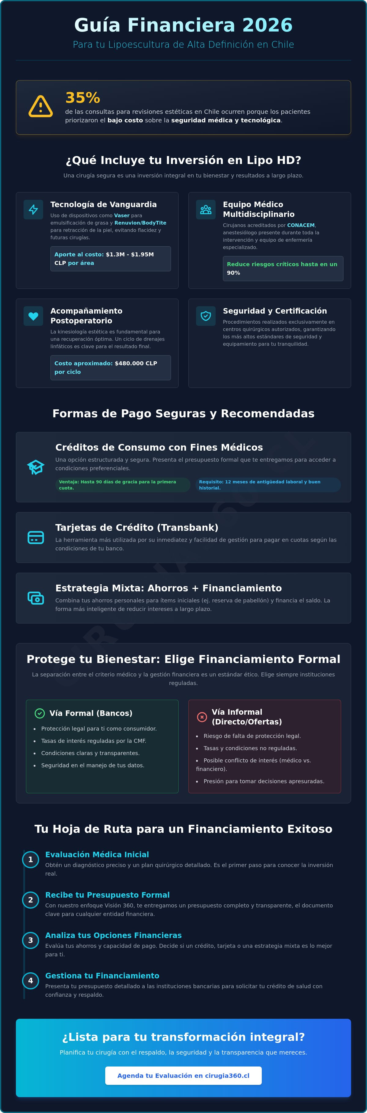 Infografia de Formas de pagar una lipoescultura de alta definición en Chile: Guía de financiamiento 2026
