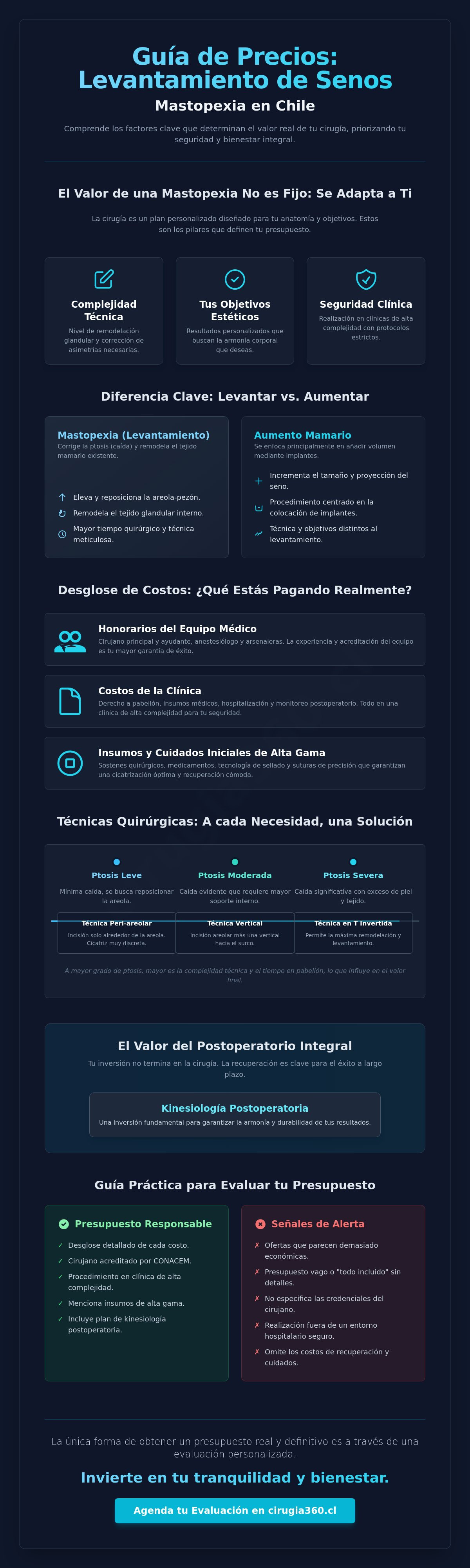 Infografia de Levantamiento de senos precio Chile: Guía de costos y factores clave 2026