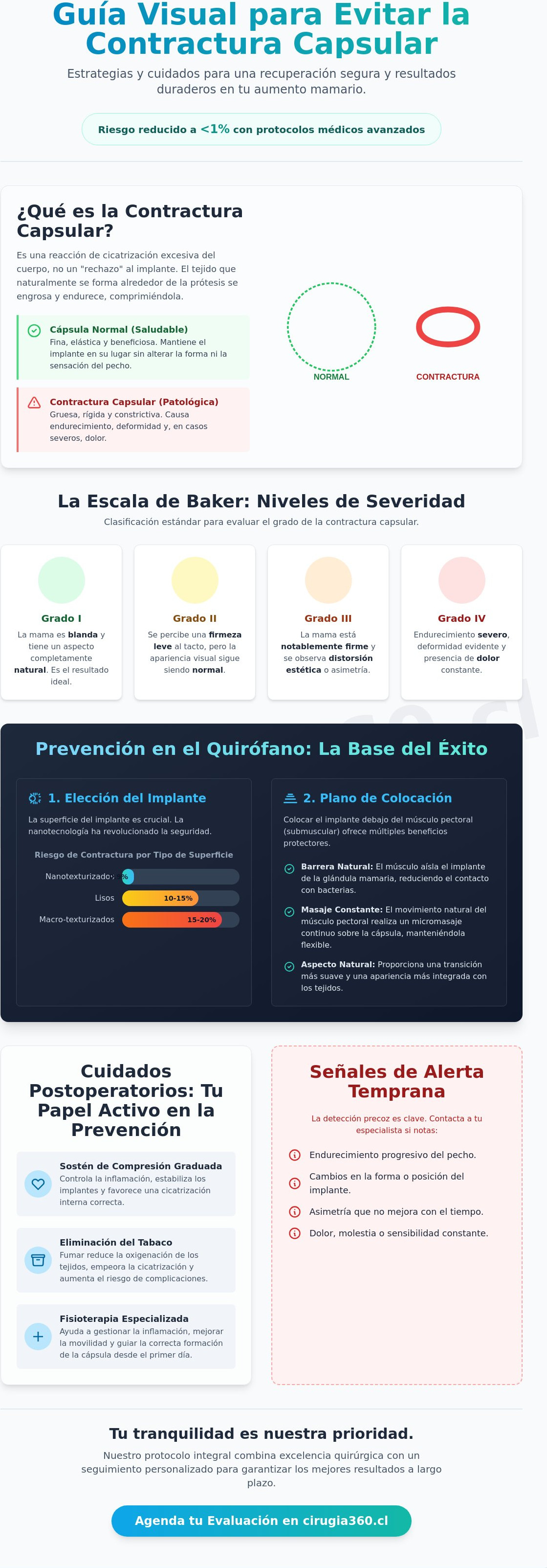 Infografia de Cómo evitar la contractura capsular: Guía médica integral 2026