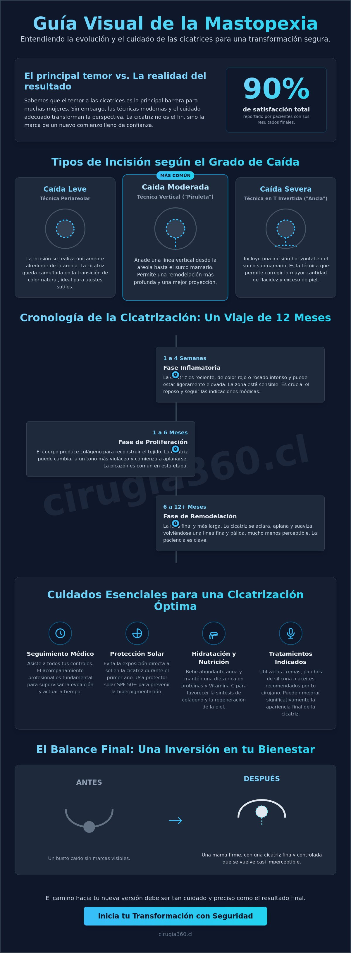 Infografia de Cicatrices de la mastopexia: Guía completa sobre evolución, tipos y cuidados 2026