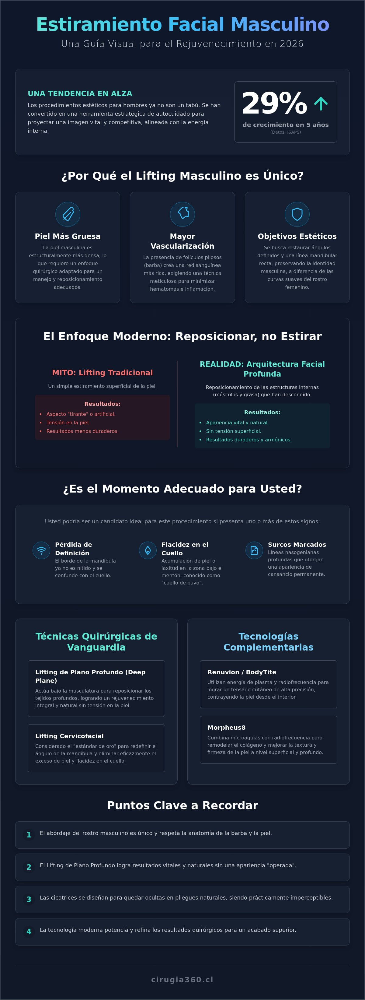 Infografia de Estiramiento Facial para Hombres en Chile: Guía Completa de Rejuvenecimiento Masculino 2026