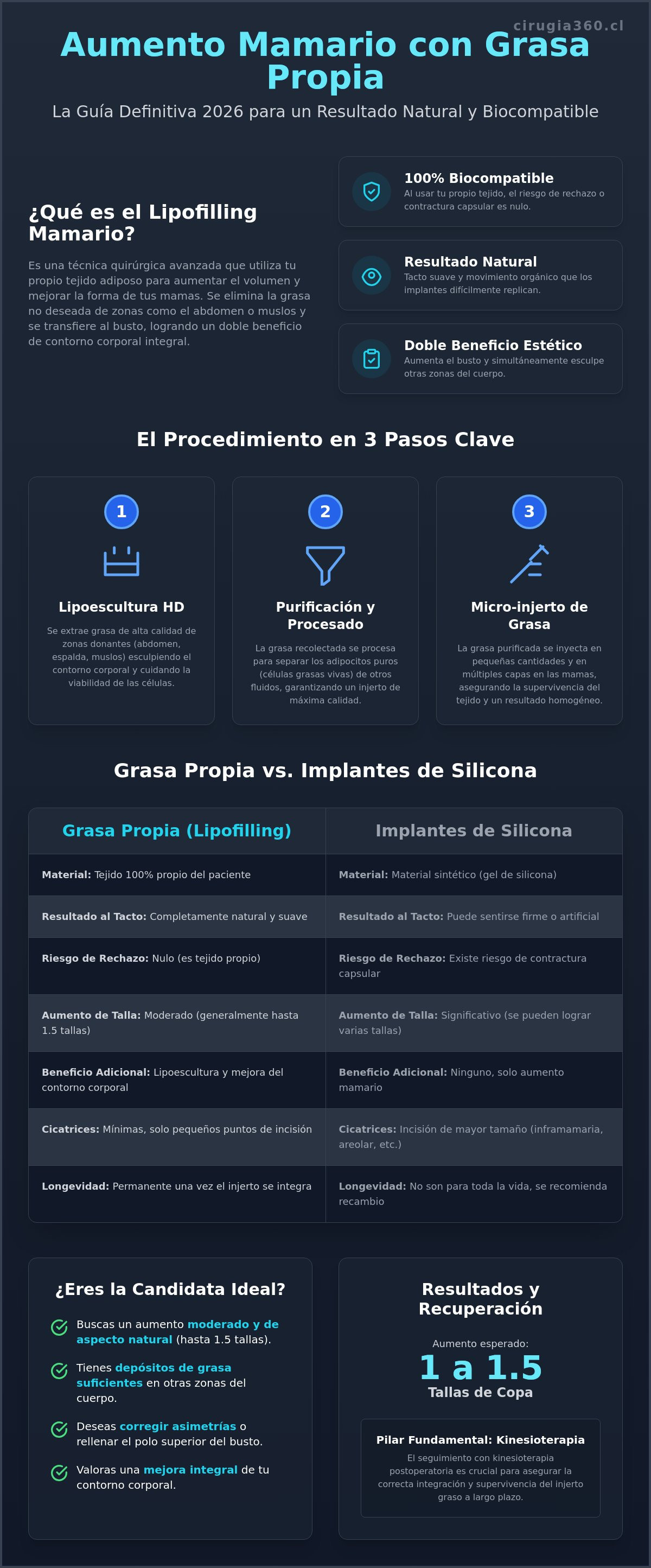 Infografia de Aumento Mamario con Grasa Propia en Chile: Guía de Precios y Procedimiento 2026