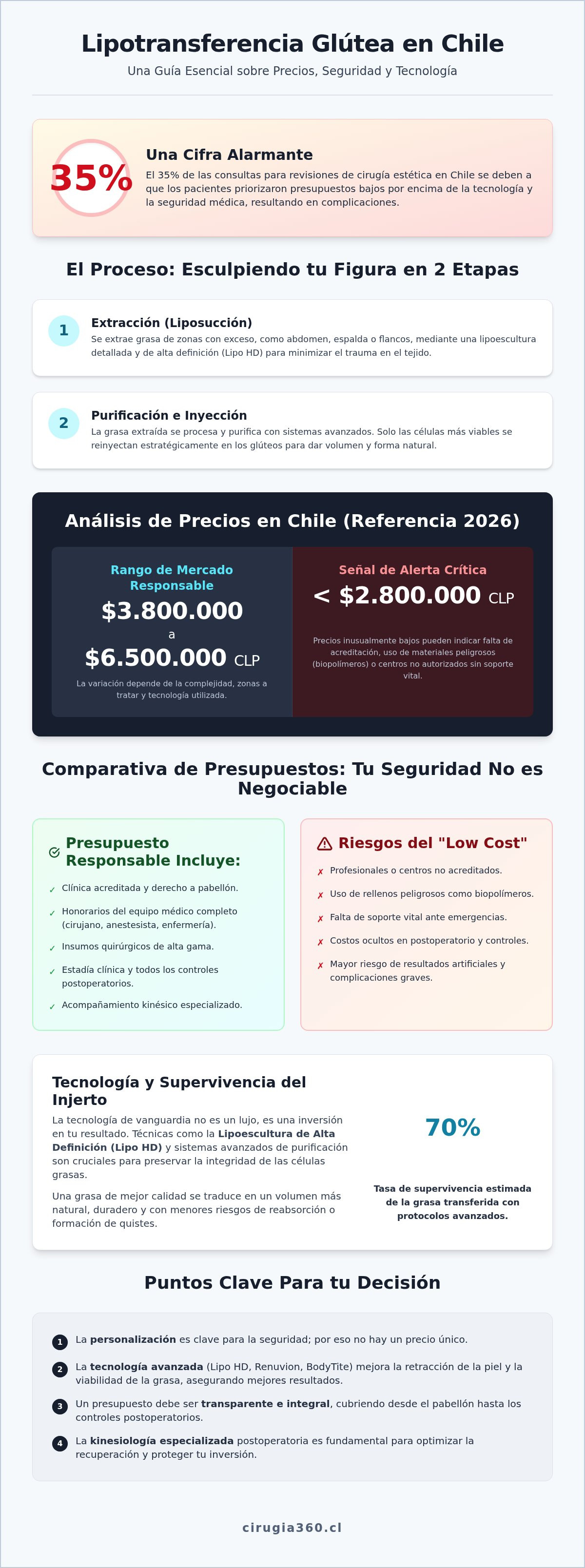 Infografia de Lipotransferencia glútea precio Chile 2026: Todo lo que debes saber sobre la inversión en tu figura