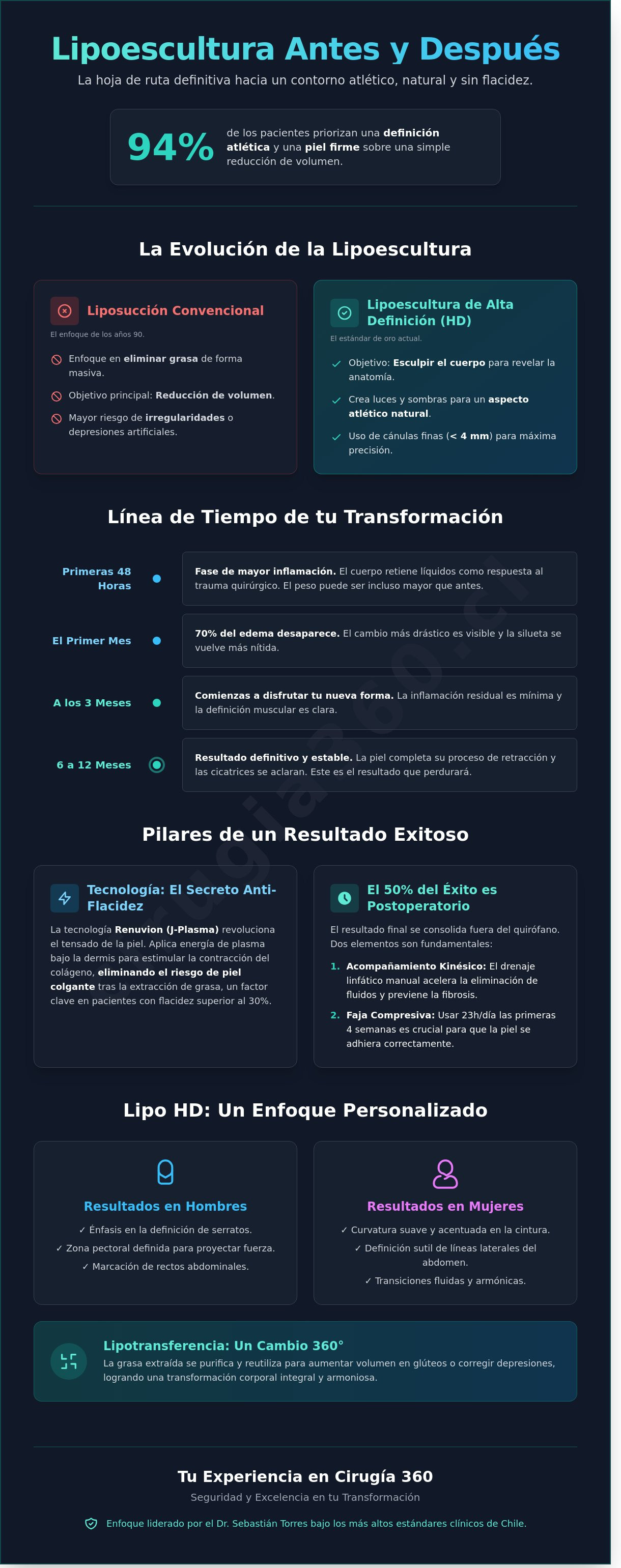Infografia de Lipoescultura Antes y Después: Guía de Resultados y Evolución Real 2026