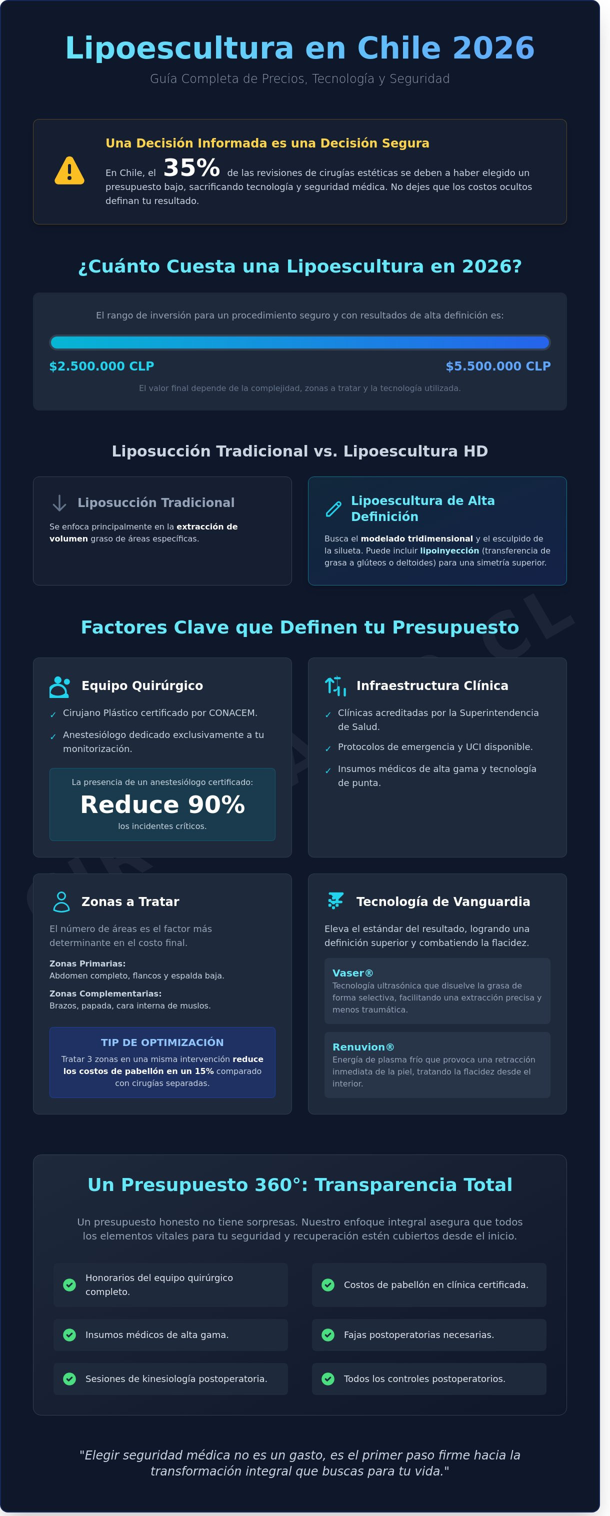 Infografia de Lipoescultura Precio Chile 2026: Guía Completa de Costos y Factores