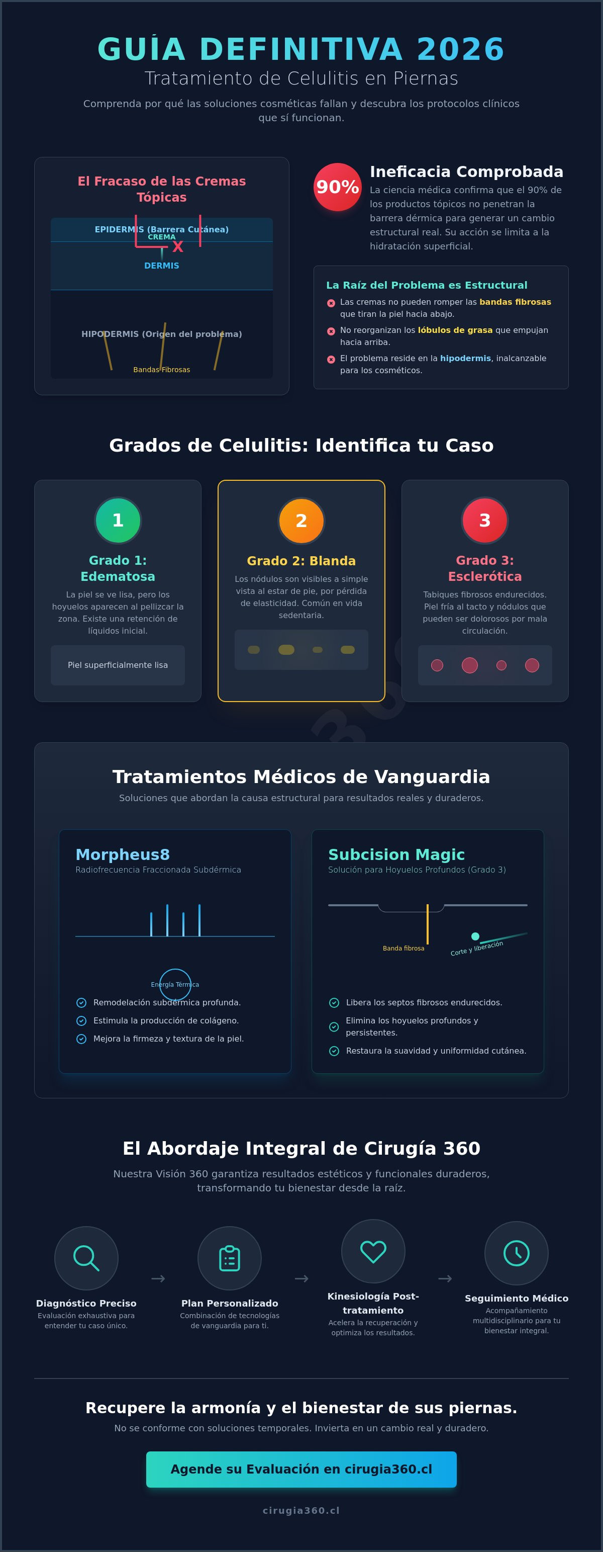 Infografia de Tratamiento Celulitis Piernas: Guía Médica Integral y Soluciones Avanzadas 2026